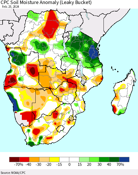 Southern Africa CPC Soil Moisture Anomaly (Leaky Bucket) Thematic Map For 2/21/2024 - 2/25/2024