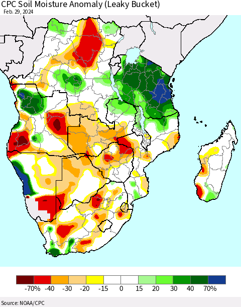 Southern Africa CPC Soil Moisture Anomaly (Leaky Bucket) Thematic Map For 2/26/2024 - 2/29/2024