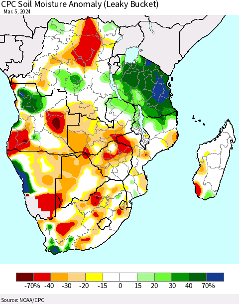 Southern Africa CPC Soil Moisture Anomaly (Leaky Bucket) Thematic Map For 3/1/2024 - 3/5/2024