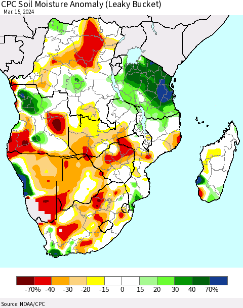 Southern Africa CPC Soil Moisture Anomaly (Leaky Bucket) Thematic Map For 3/11/2024 - 3/15/2024