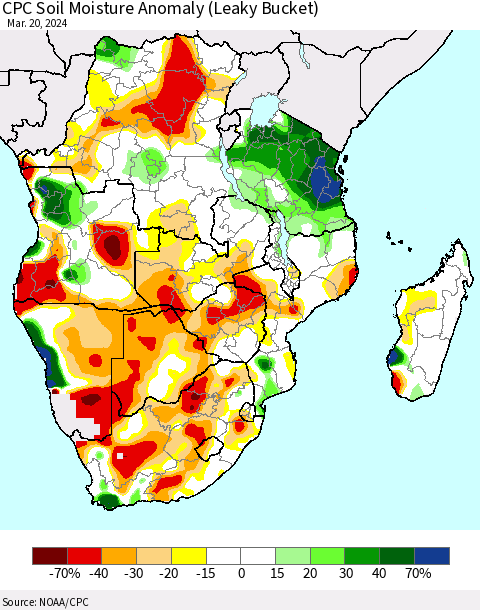 Southern Africa CPC Soil Moisture Anomaly (Leaky Bucket) Thematic Map For 3/16/2024 - 3/20/2024