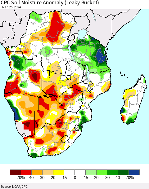 Southern Africa CPC Soil Moisture Anomaly (Leaky Bucket) Thematic Map For 3/21/2024 - 3/25/2024