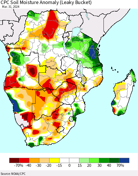Southern Africa CPC Soil Moisture Anomaly (Leaky Bucket) Thematic Map For 3/26/2024 - 3/31/2024