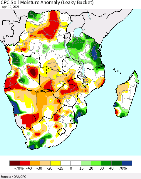 Southern Africa CPC Soil Moisture Anomaly (Leaky Bucket) Thematic Map For 4/6/2024 - 4/10/2024
