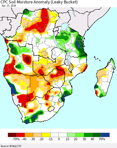 Southern Africa CPC Soil Moisture Anomaly (Leaky Bucket) Thematic Map For 4/11/2024 - 4/15/2024