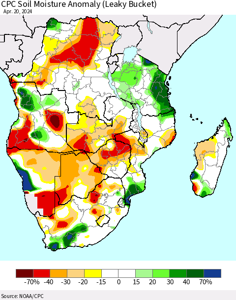 Southern Africa CPC Soil Moisture Anomaly (Leaky Bucket) Thematic Map For 4/16/2024 - 4/20/2024
