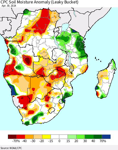 Southern Africa CPC Soil Moisture Anomaly (Leaky Bucket) Thematic Map For 4/26/2024 - 4/30/2024