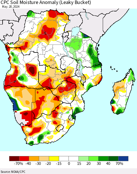 Southern Africa CPC Soil Moisture Anomaly (Leaky Bucket) Thematic Map For 5/16/2024 - 5/20/2024