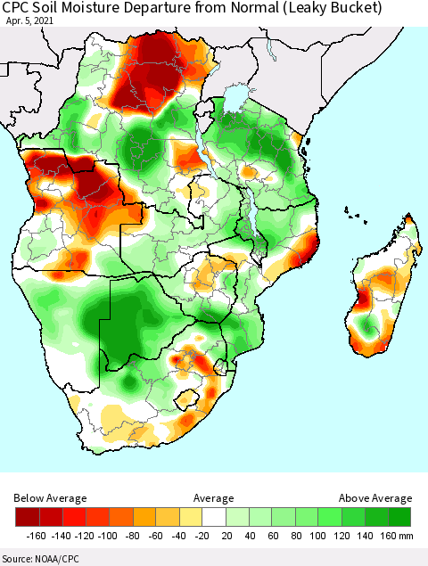 Southern Africa CPC Soil Moisture Departure from Normal (Leaky Bucket) Thematic Map For 4/1/2021 - 4/5/2021