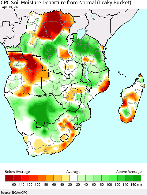 Southern Africa CPC Soil Moisture Departure from Normal (Leaky Bucket) Thematic Map For 4/6/2021 - 4/10/2021