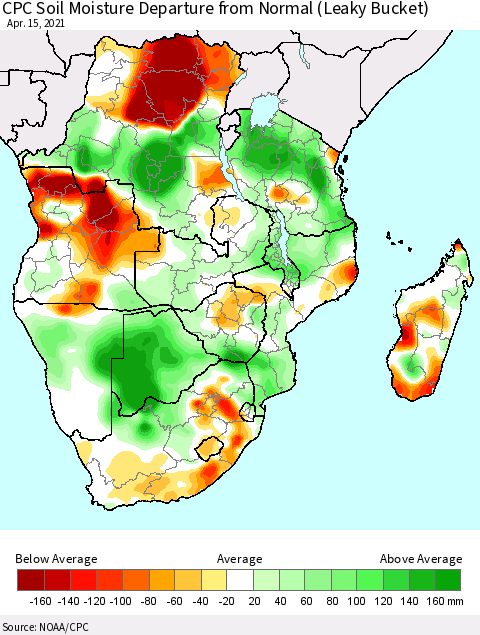 Southern Africa CPC Soil Moisture Departure from Normal (Leaky Bucket) Thematic Map For 4/11/2021 - 4/15/2021