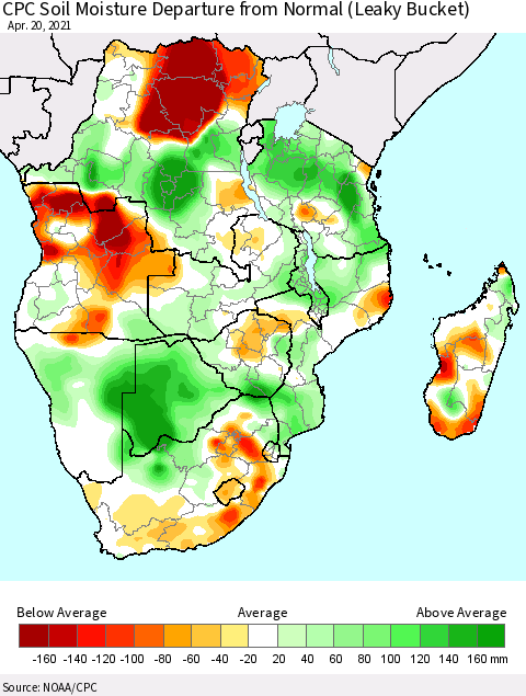 Southern Africa CPC Soil Moisture Departure from Normal (Leaky Bucket) Thematic Map For 4/16/2021 - 4/20/2021