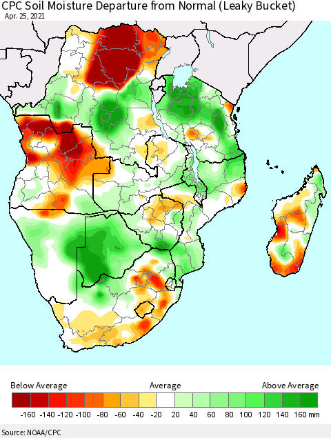 Southern Africa CPC Soil Moisture Departure from Normal (Leaky Bucket) Thematic Map For 4/21/2021 - 4/25/2021