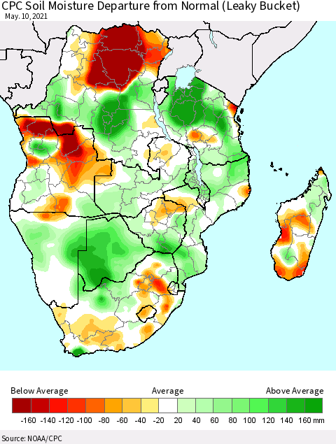 Southern Africa CPC Soil Moisture Departure from Normal (Leaky Bucket) Thematic Map For 5/6/2021 - 5/10/2021
