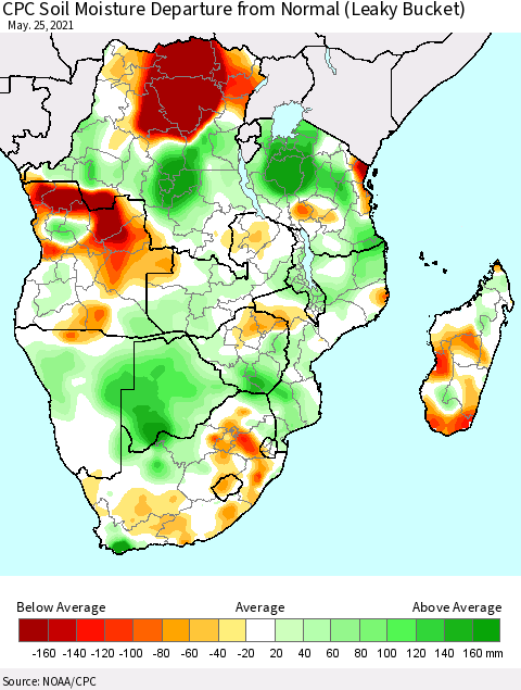 Southern Africa CPC Soil Moisture Departure from Normal (Leaky Bucket) Thematic Map For 5/21/2021 - 5/25/2021