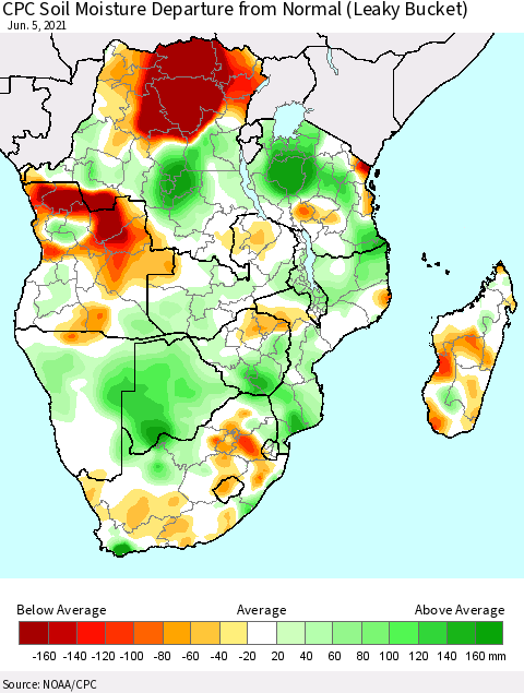 Southern Africa CPC Soil Moisture Departure from Normal (Leaky Bucket) Thematic Map For 6/1/2021 - 6/5/2021