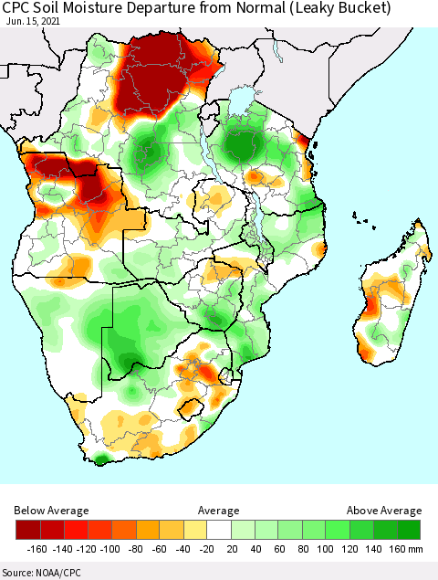 Southern Africa CPC Soil Moisture Departure from Normal (Leaky Bucket) Thematic Map For 6/11/2021 - 6/15/2021