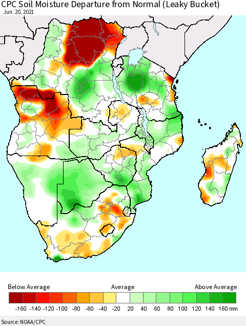 Southern Africa CPC Soil Moisture Departure from Normal (Leaky Bucket) Thematic Map For 6/16/2021 - 6/20/2021