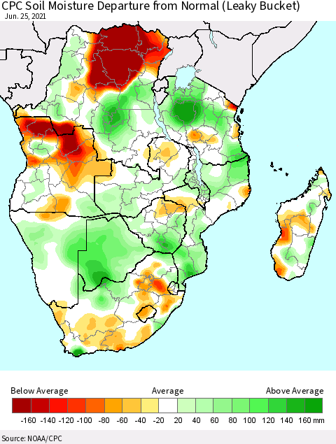 Southern Africa CPC Soil Moisture Departure from Normal (Leaky Bucket) Thematic Map For 6/21/2021 - 6/25/2021