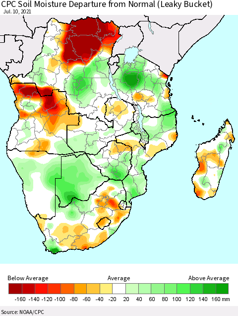 Southern Africa CPC Soil Moisture Departure from Normal (Leaky Bucket) Thematic Map For 7/6/2021 - 7/10/2021