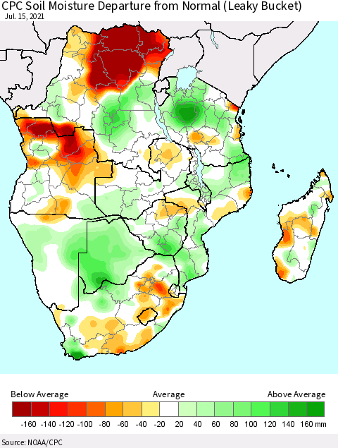 Southern Africa CPC Soil Moisture Departure from Normal (Leaky Bucket) Thematic Map For 7/11/2021 - 7/15/2021