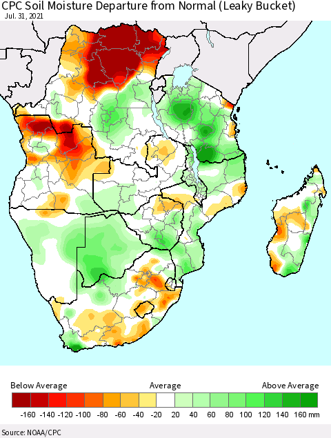 Southern Africa CPC Soil Moisture Departure from Normal (Leaky Bucket) Thematic Map For 7/26/2021 - 7/31/2021