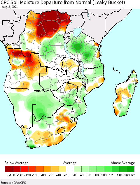 Southern Africa CPC Soil Moisture Departure from Normal (Leaky Bucket) Thematic Map For 8/1/2021 - 8/5/2021