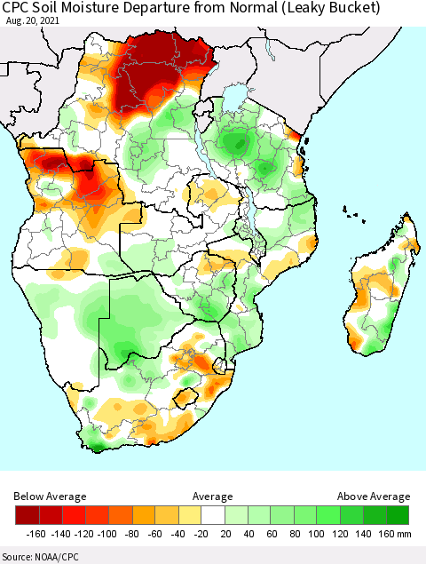 Southern Africa CPC Soil Moisture Departure from Normal (Leaky Bucket) Thematic Map For 8/16/2021 - 8/20/2021