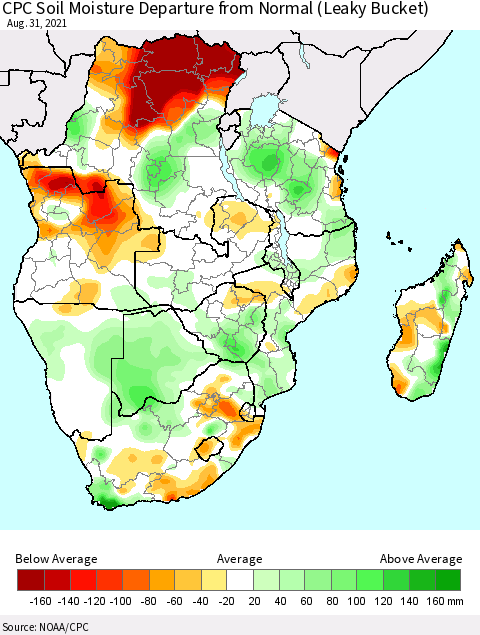 Southern Africa CPC Soil Moisture Departure from Normal (Leaky Bucket) Thematic Map For 8/26/2021 - 8/31/2021