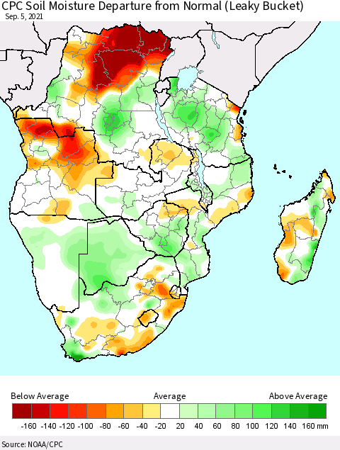 Southern Africa CPC Soil Moisture Departure from Normal (Leaky Bucket) Thematic Map For 9/1/2021 - 9/5/2021