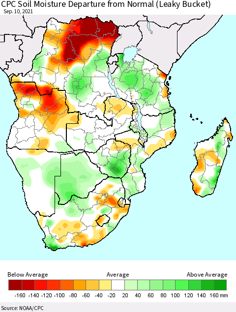 Southern Africa CPC Soil Moisture Departure from Normal (Leaky Bucket) Thematic Map For 9/6/2021 - 9/10/2021