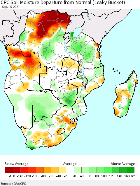 Southern Africa CPC Soil Moisture Departure from Normal (Leaky Bucket) Thematic Map For 9/11/2021 - 9/15/2021