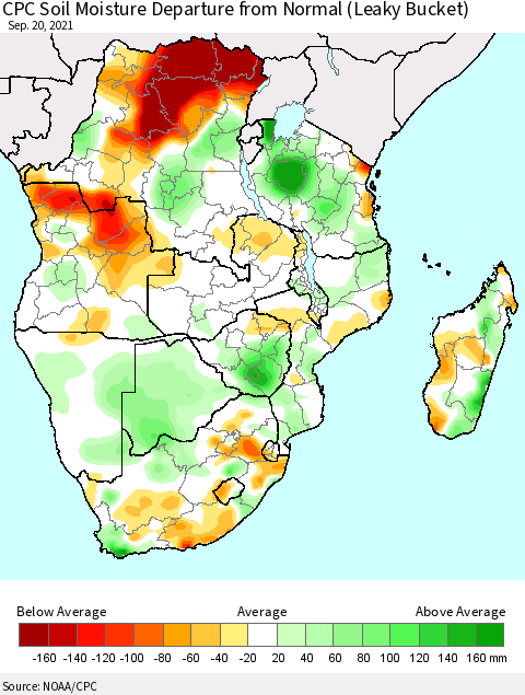 Southern Africa CPC Soil Moisture Departure from Normal (Leaky Bucket) Thematic Map For 9/16/2021 - 9/20/2021