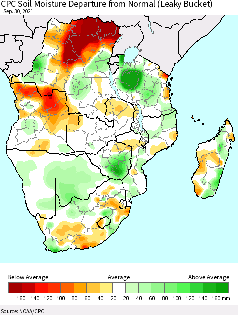 Southern Africa CPC Soil Moisture Departure from Normal (Leaky Bucket) Thematic Map For 9/26/2021 - 9/30/2021
