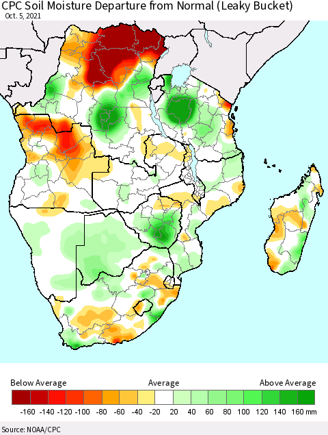 Southern Africa CPC Soil Moisture Departure from Normal (Leaky Bucket) Thematic Map For 10/1/2021 - 10/5/2021
