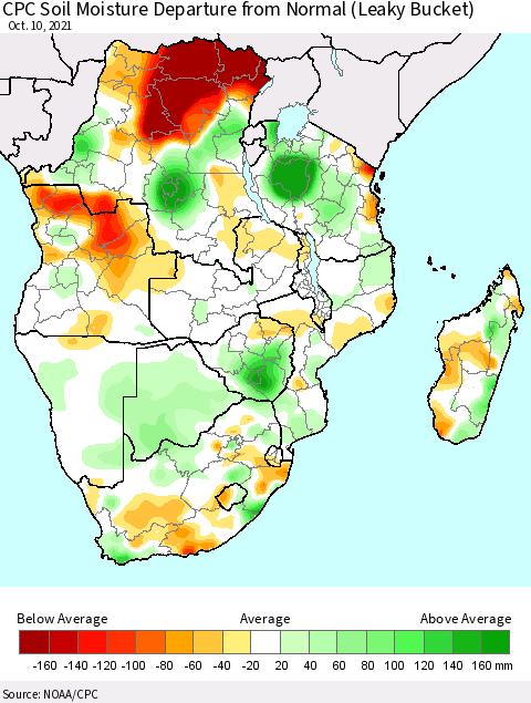 Southern Africa CPC Soil Moisture Departure from Normal (Leaky Bucket) Thematic Map For 10/6/2021 - 10/10/2021