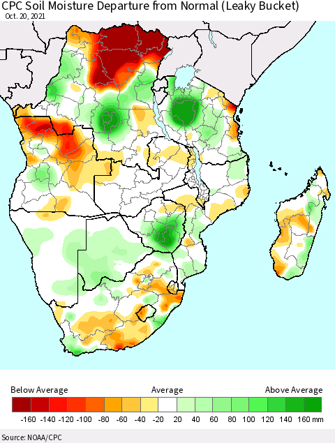 Southern Africa CPC Soil Moisture Departure from Normal (Leaky Bucket) Thematic Map For 10/16/2021 - 10/20/2021