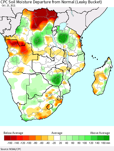 Southern Africa CPC Soil Moisture Departure from Normal (Leaky Bucket) Thematic Map For 10/21/2021 - 10/25/2021