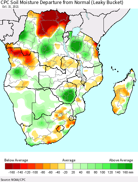 Southern Africa CPC Soil Moisture Departure from Normal (Leaky Bucket) Thematic Map For 10/26/2021 - 10/31/2021