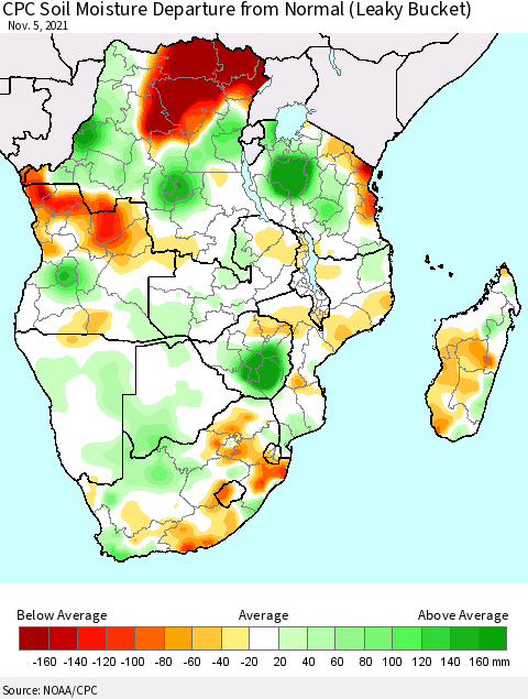Southern Africa CPC Soil Moisture Departure from Normal (Leaky Bucket) Thematic Map For 11/1/2021 - 11/5/2021