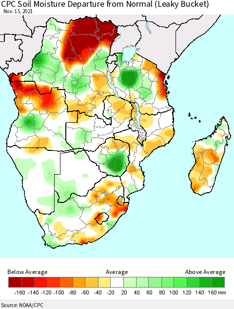 Southern Africa CPC Soil Moisture Departure from Normal (Leaky Bucket) Thematic Map For 11/11/2021 - 11/15/2021