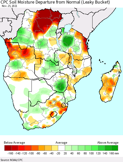 Southern Africa CPC Soil Moisture Departure from Normal (Leaky Bucket) Thematic Map For 11/21/2021 - 11/25/2021
