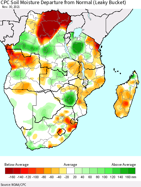Southern Africa CPC Soil Moisture Departure from Normal (Leaky Bucket) Thematic Map For 11/26/2021 - 11/30/2021