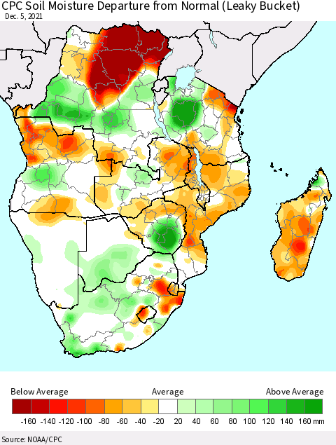 Southern Africa CPC Soil Moisture Departure from Normal (Leaky Bucket) Thematic Map For 12/1/2021 - 12/5/2021