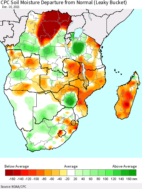 Southern Africa CPC Soil Moisture Departure from Normal (Leaky Bucket) Thematic Map For 12/6/2021 - 12/10/2021