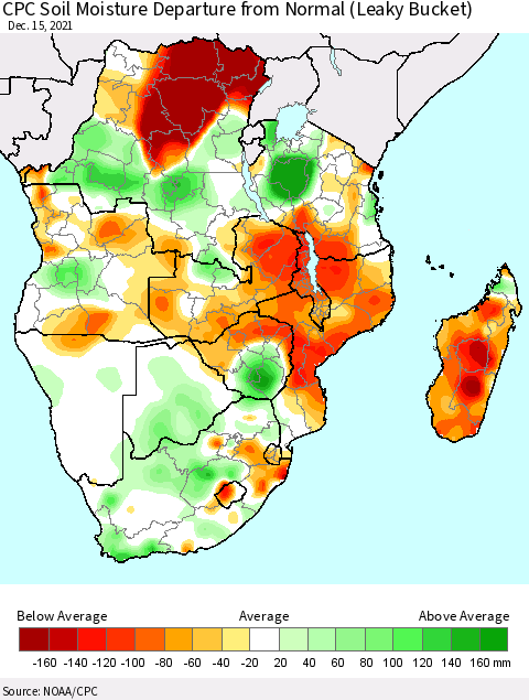 Southern Africa CPC Soil Moisture Departure from Normal (Leaky Bucket) Thematic Map For 12/11/2021 - 12/15/2021