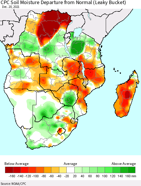 Southern Africa CPC Soil Moisture Departure from Normal (Leaky Bucket) Thematic Map For 12/16/2021 - 12/20/2021