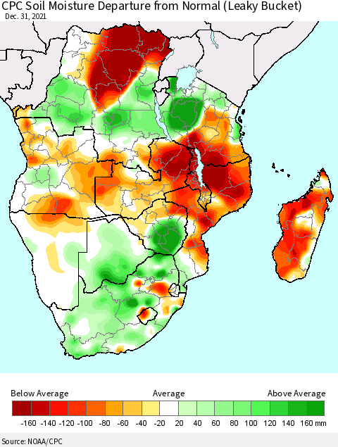 Southern Africa CPC Soil Moisture Departure from Normal (Leaky Bucket) Thematic Map For 12/26/2021 - 12/31/2021