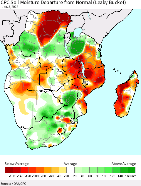 Southern Africa CPC Soil Moisture Departure from Normal (Leaky Bucket) Thematic Map For 1/1/2022 - 1/5/2022
