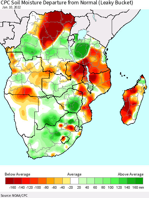 Southern Africa CPC Soil Moisture Departure from Normal (Leaky Bucket) Thematic Map For 1/6/2022 - 1/10/2022